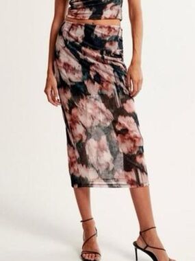 Abercrombie & Fitch Floral Mesh Midi Skirt in Pink and Black